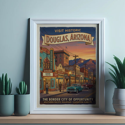 Vintage travel poster for Douglas, Arizona, featuring shops and cars at sunset.