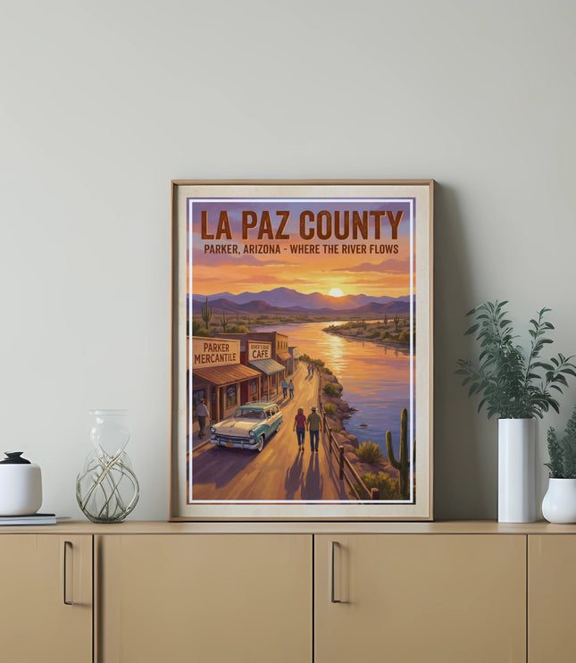 La Paz County Parker Arizona retro poster with vintage car and river at sunset.