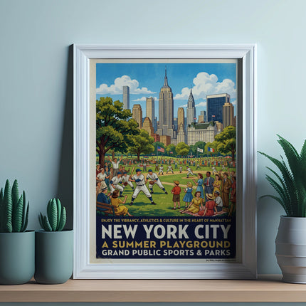 New York City summer playground poster with people playing baseball and iconic skyscrapers.