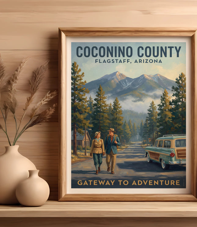Coconino County Flagstaff Arizona vintage travel art poster with couple and station wagon.