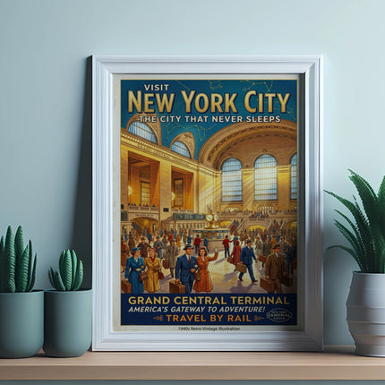 Vintage Grand Central Terminal travel poster with 1940s illustration.