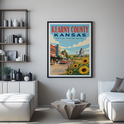 Kearny County, Kansas travel poster with sunflowers and rural scene.