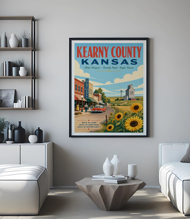Kearny County, Kansas travel poster with sunflowers and rural scene.