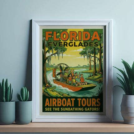 Florida Everglades airboat tour poster with people and alligators.