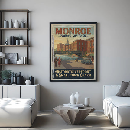Monroe County, Michigan vintage poster with riverfront and small town charm.