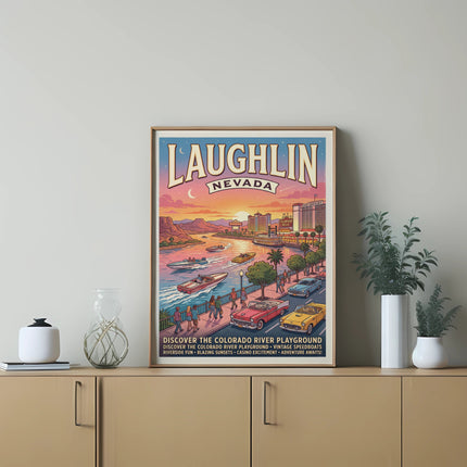 Laughlin, Nevada poster with vintage speedboats and casinos at sunset.