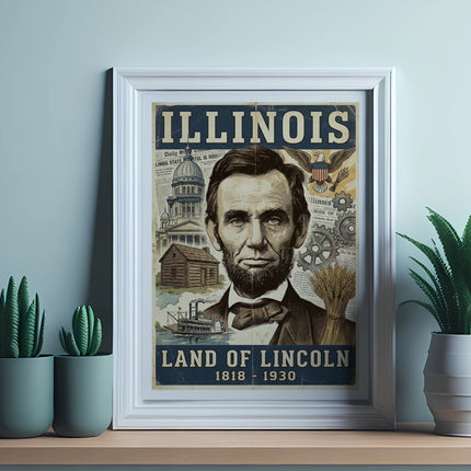 Framed "Illinois Land of Lincoln 1818-1930" poster featuring Abraham Lincoln.