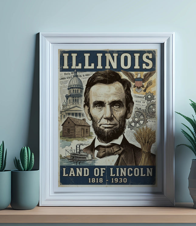 Framed "Illinois Land of Lincoln 1818-1930" poster featuring Abraham Lincoln.