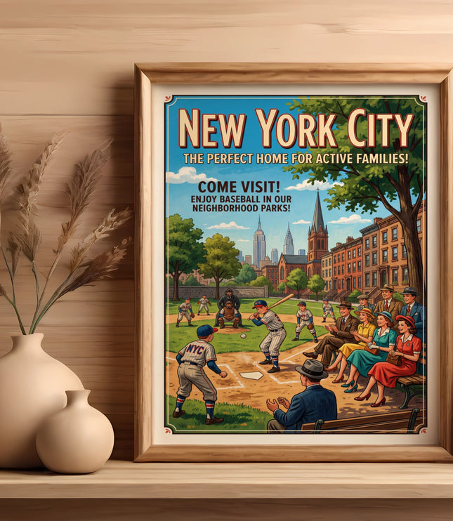New York City poster: families enjoy baseball in neighborhood parks.