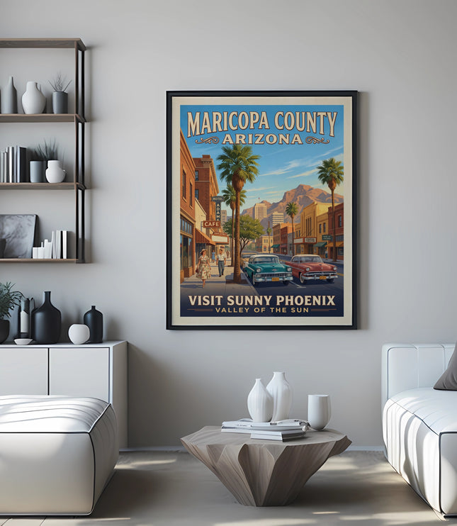 Maricopa County Arizona Visit Sunny Phoenix poster with vintage cars and palm trees.