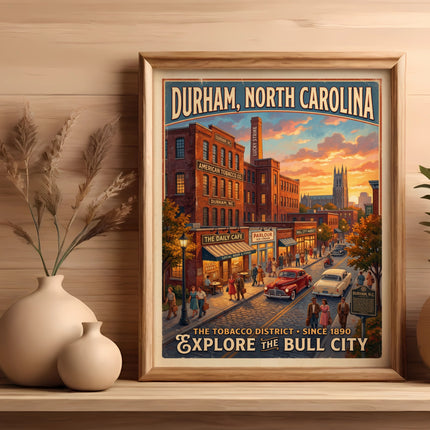 Framed poster of Durham, North Carolina depicting a vintage street scene with buildings and text.