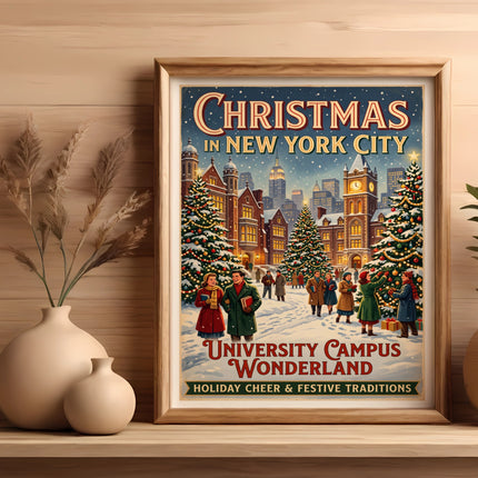 Vintage Christmas in New York City poster featuring "University Campus" and "Holiday Cheer & Festive Traditions."