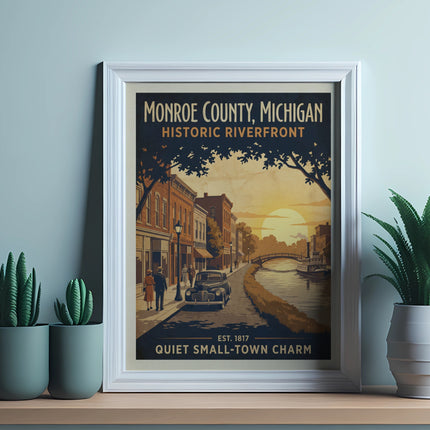 Monroe County, Michigan historic riverfront poster with a vintage town scene.