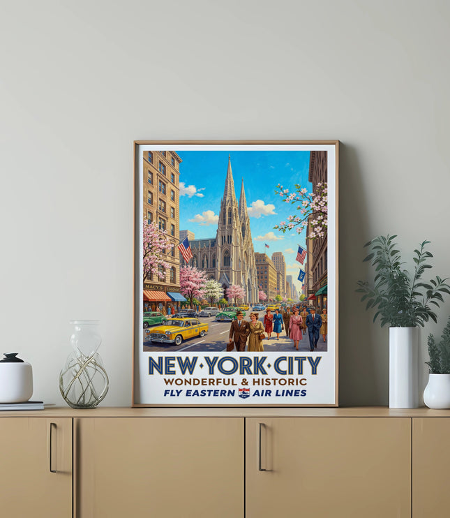 New York City vintage travel poster advertising Eastern Air Lines, featuring a street scene.