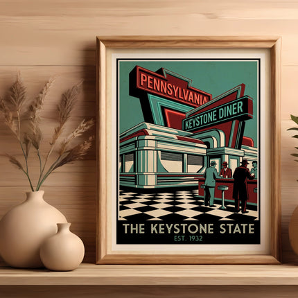 Retro Pennsylvania Keystone Diner poster with checkered floor and people.