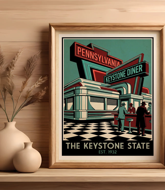 Retro Pennsylvania Keystone Diner poster with checkered floor and people.