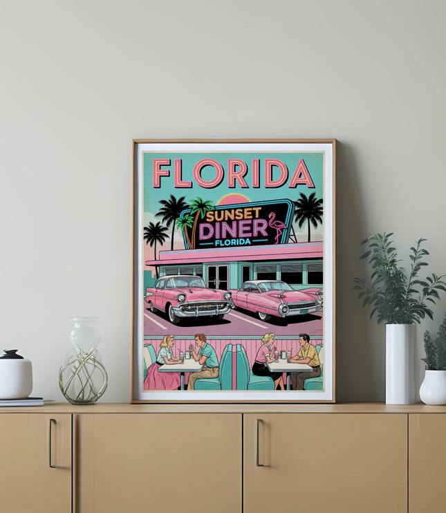 Retro Florida Sunset Diner art with pink cars, palm trees, and a couple dining.