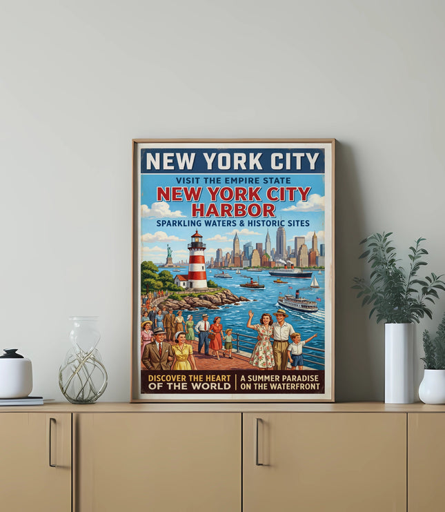 New York City Harbor vintage travel poster with lighthouse and skyline.