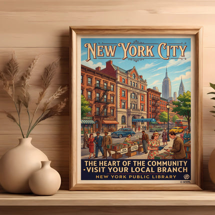 Vintage New York City Public Library poster featuring a street scene and text.