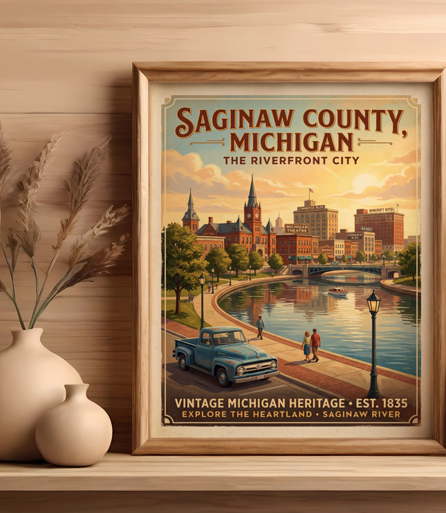 Saginaw County, Michigan poster with riverfront city scene, vintage truck, and people.
