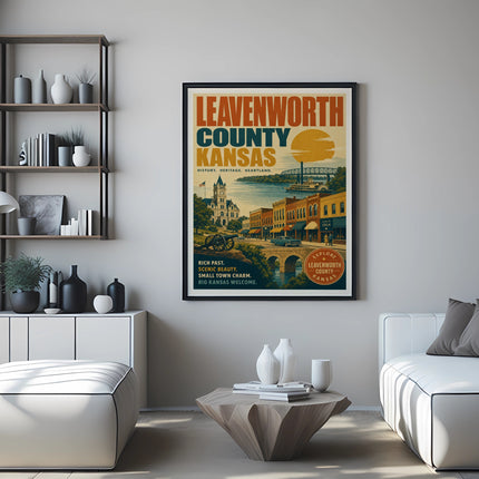 Leavenworth County, Kansas vintage travel poster with historical landmarks and text.