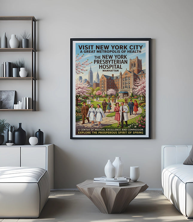 New York Presbyterian Hospital poster featuring Manhattan skyline and cherry blossoms.