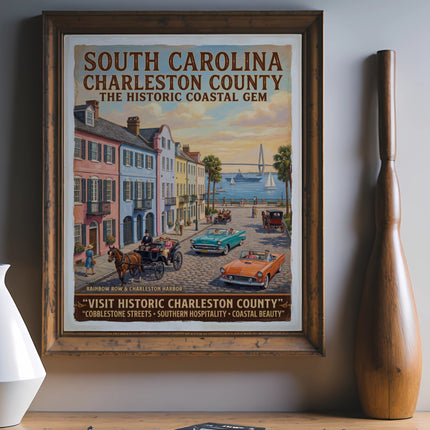 South Carolina Charleston County vintage travel poster with historic buildings, cars, horse carriage.