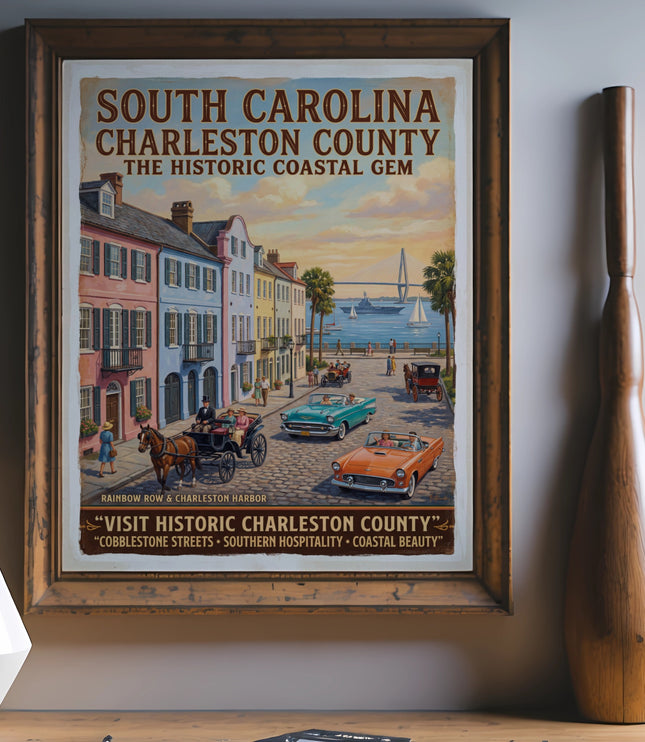 South Carolina Charleston County vintage travel poster with historic buildings, cars, horse carriage.
