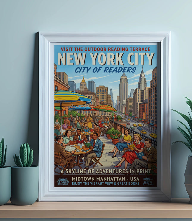 New York City poster depicting people reading at outdoor cafes with skyline view.