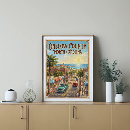 Onslow County North Carolina travel poster with beach scene and text.