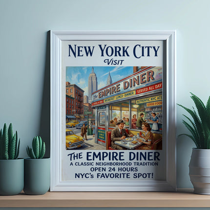 Empire Diner sign with New York City backdrop and diners, open 24 hours.