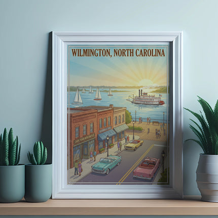 "Wilmington, North Carolina" text with a waterfront scene featuring a paddlewheel boat and sailboats.