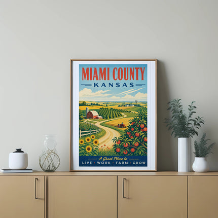 Vintage Miami County, Kansas travel poster with farm scene and text.