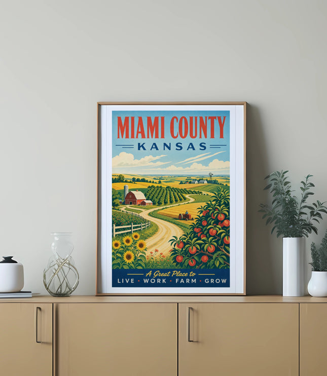Vintage Miami County, Kansas travel poster with farm scene and text.