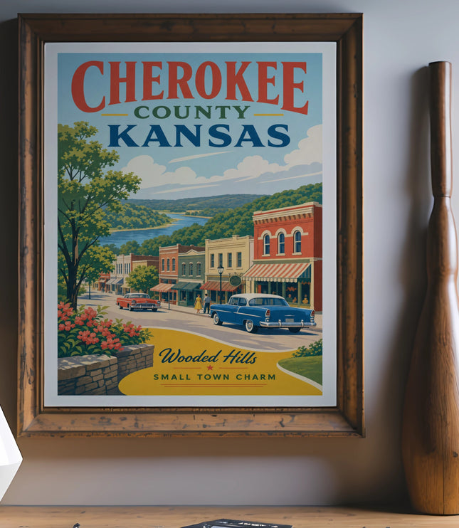 Cherokee County Kansas vintage travel poster featuring a small town scene.