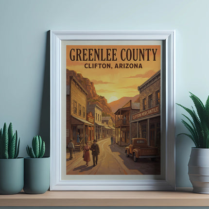 Vintage Greenlee County Clifton Arizona poster with old western buildings.