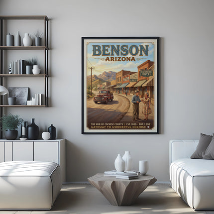 Benson Arizona vintage poster with town scene, retro truck, and people.