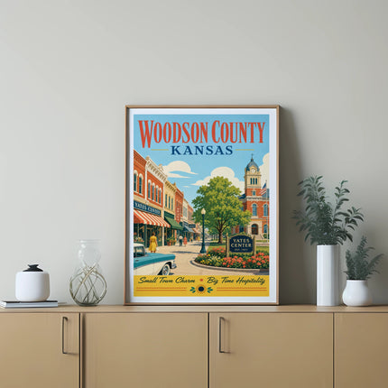 Woodson County, Kansas poster with Yates Center buildings and car.