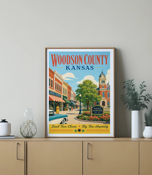 Woodson County, Kansas poster with Yates Center buildings and car.