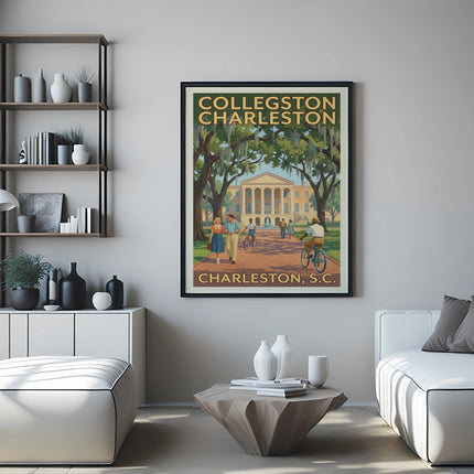 Collegston Charleston SC vintage travel poster shows people walking and biking near a building.