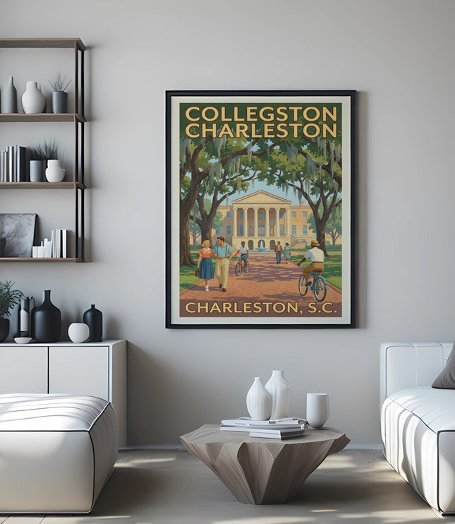 Collegston Charleston SC vintage travel poster shows people walking and biking near a building.