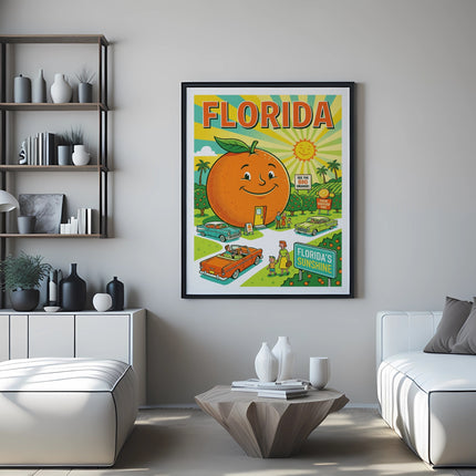 Retro Florida postcard with smiling orange driving a convertible.