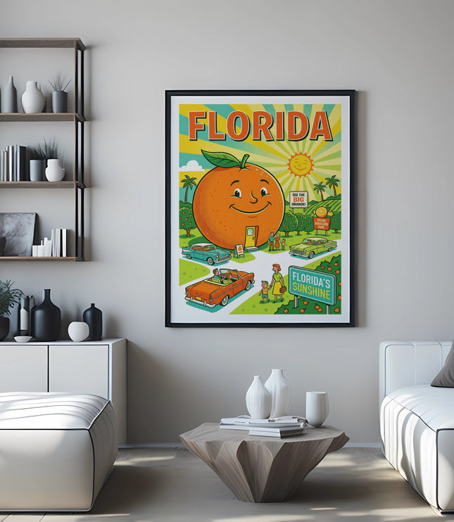 Retro Florida postcard with smiling orange driving a convertible.