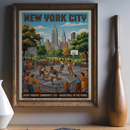 New York City WPA art print depicting people playing basketball in a park.