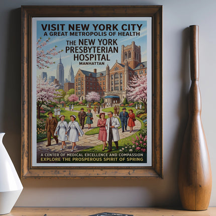 Vintage New York Presbyterian Hospital poster with cityscape and blooming trees.