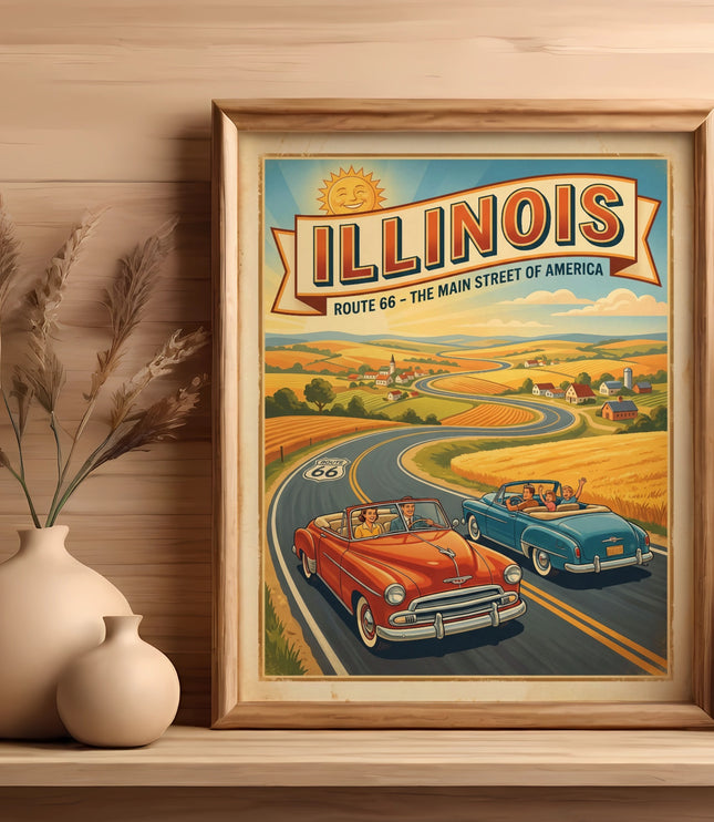 Illinois Route 66 vintage poster with cars, farms, and a smiling sun.