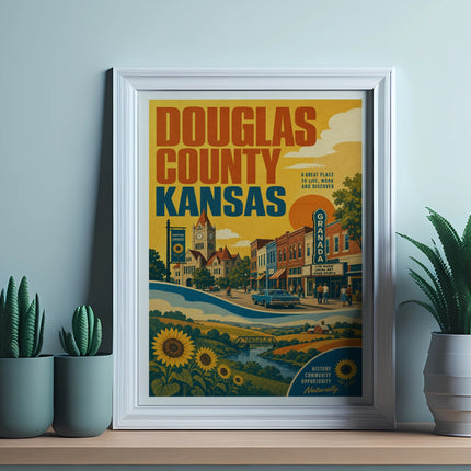 Douglas County, Kansas poster with downtown Lawrence illustration and text.