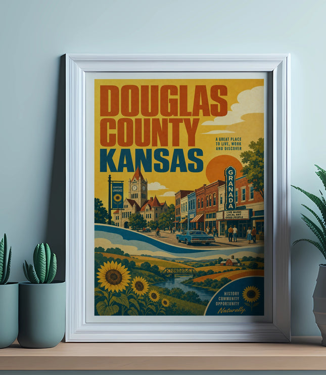 Douglas County, Kansas poster with downtown Lawrence illustration and text.