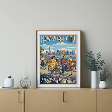 New York City poster with people cycling on Hudson River Greenway.