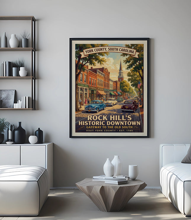 Poster for Rock Hill's Historic Downtown, Gateway to the Old South, Visit York County.